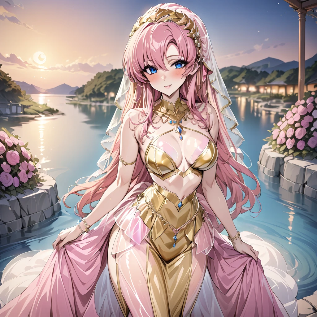 ((Highest quality)), ((masterpiece)), (detailed), (Perfect Face)、The woman is Lacus Clyne, with blue eyes, medium-long pink hair, and is wearing a gorgeous, beautiful, translucent golden outfit and veil, as well as gorgeous accessories.、Beautiful moonlit lakeside