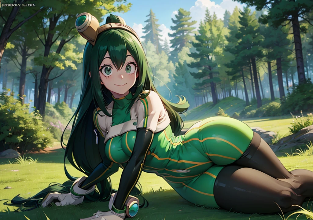 Beru Asui from My Hero Academia, Tsuyu Asui's mom, My Hero Acedemia style, wide hips, sexy, skinny,long hair, Showing armpits and pussy half naked, forest background, laying smiling.
