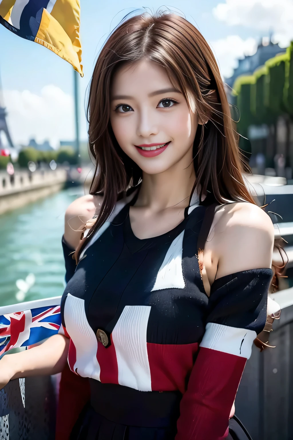 (((British flag-inspired outfit:1.3))),(Union Flag),(((smile:1.3))),(((Women supporting the Paris Olympics:1.3))),(((International flags on the streets of Paris))),(((Eiffel Tower in the background))),(((The Seine in the background))),masterpiece,Highest quality,Ultra-high resolution output images,Write Boundary Depth,Intricate details,Add depth to your subject with contrast between light and shadow,Anatomically correct facial structure),(Picture Mode Ultra HD,)
