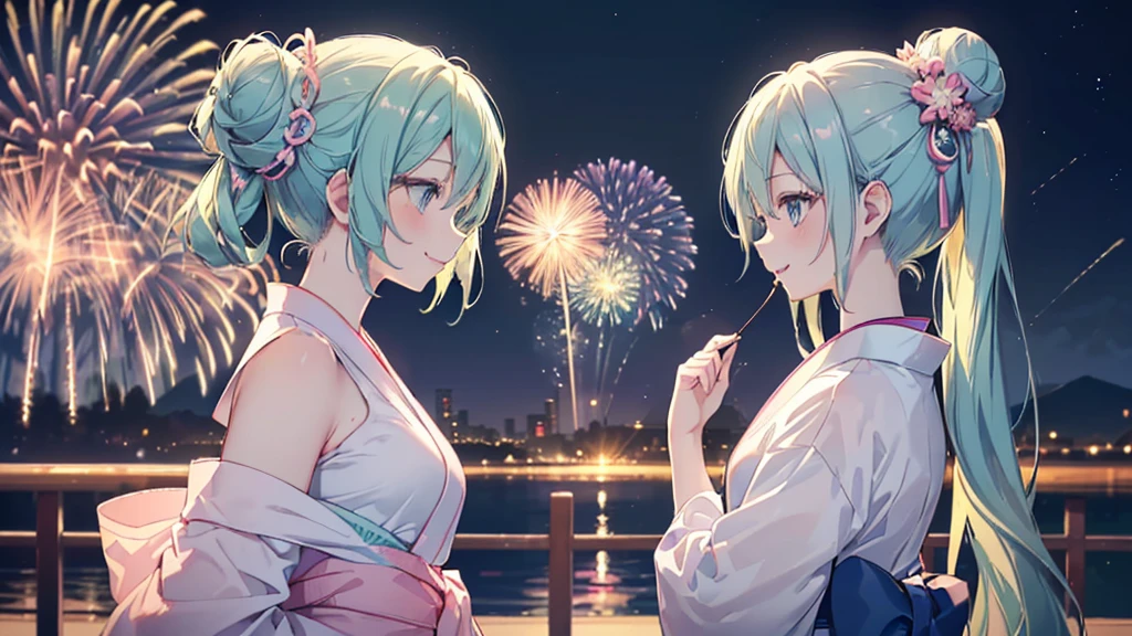 (((Highest quality、masterpiece、Ultra-fine、Ultra-fine、Bun Hair Up,Green Hair,Exquisite、16K、Look up,The best smile,Full HD、profile,,Asahi、,Hatsune Miku,))),( ((profile,,summer,White casual clothes,)))Blue Eyes、Long eyelashes、White skin、(Pale pink lips、Pale pink cheeks、thin and long)、 (((cute,The best smile)), ((One person)) 、(blue sky)) 、 (The sound of the festival, walking in a yukata at dusk, the moment when fireworks bloom in the night sky)、
