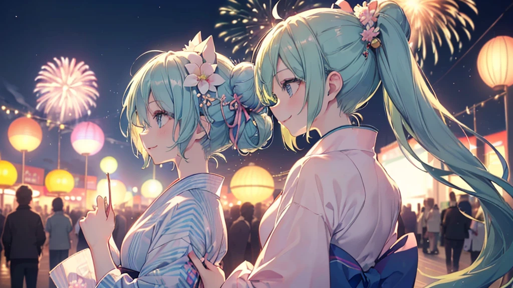 (((Highest quality、masterpiece、Ultra-fine、Ultra-fine、Bun Hair Up,Green Hair,Exquisite、16K、Look up,The best smile,Full HD、profile,,Asahi、,Hatsune Miku,))),( ((profile,,summer,White casual clothes,)))Blue Eyes、Long eyelashes、White skin、(Pale pink lips、Pale pink cheeks、thin and long)、 (((cute,The best smile)), ((One person)) 、(blue sky)) 、 (The sound of the festival, walking in a yukata at dusk, the moment when fireworks bloom in the night sky)、