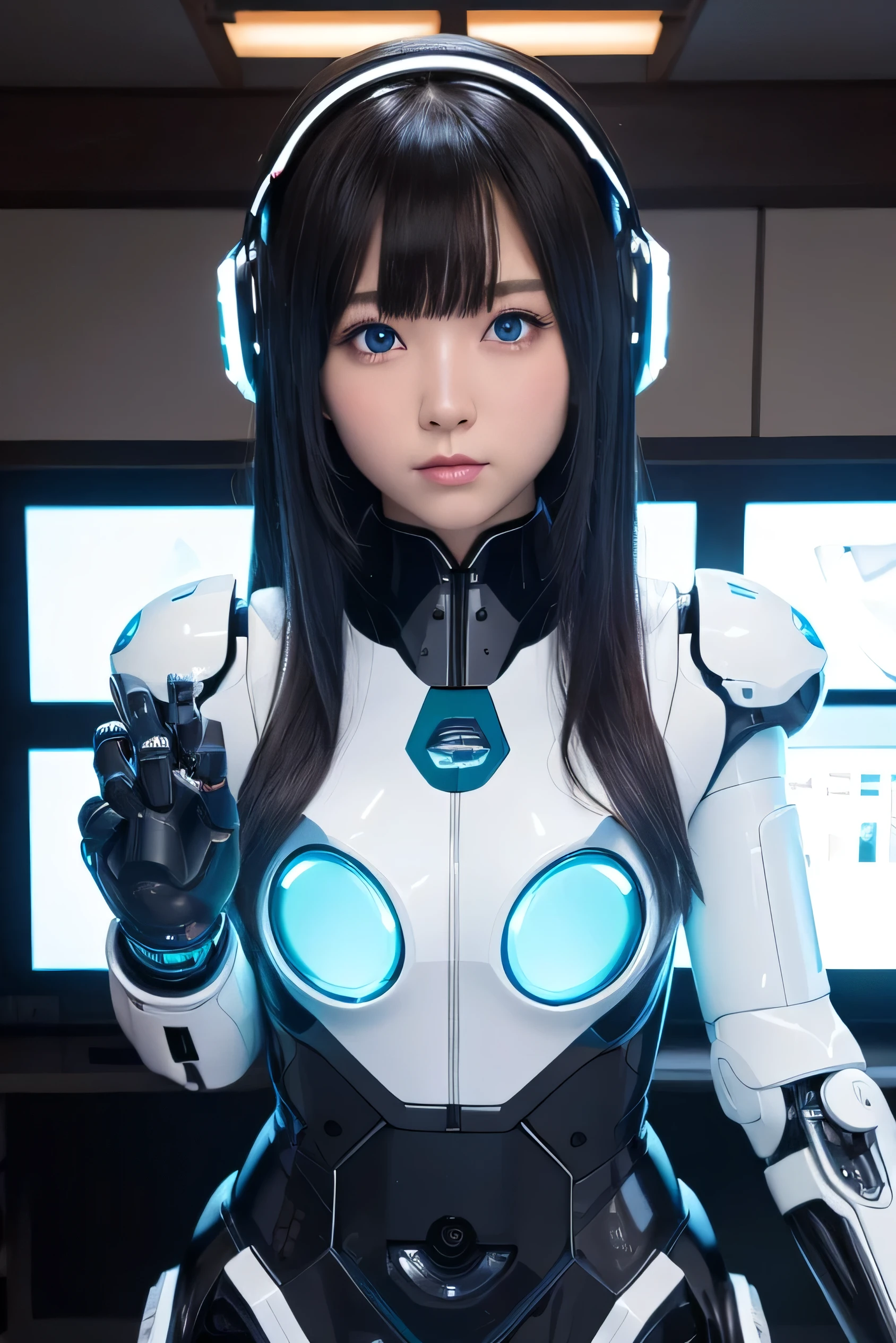 masterpiece, Best Quality, Extremely detailed, 8K Portrait,Japanese android girl,Plump,control panels,android,Droid,Mechanical Hand, ,Robot arms and legs, Black hair,Mechanical body,Blunt bangs,Charging spot,mechanical ear covers,android,robot humanoid,White robot body,mechanical ear covers,White and aqua uniform,aqua accent costume,mittens,blue eyes