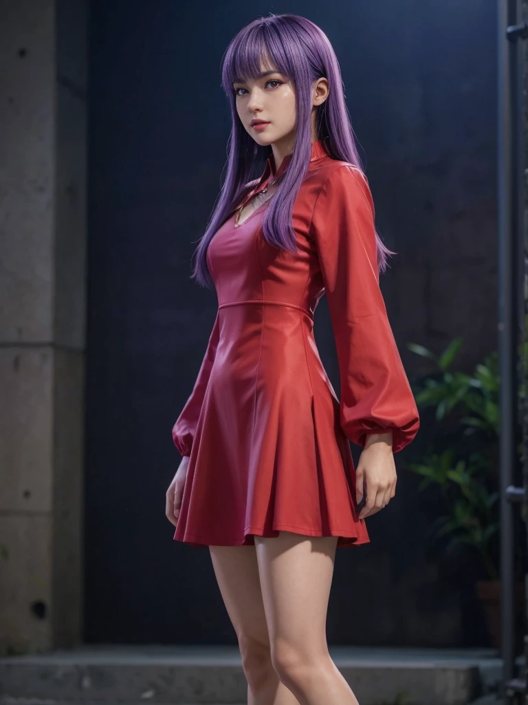 Ayane, cabelo roxo, (best qualityer, ultra detali), (realisitic:1.37), beautiful and detailed face, ultra-realisitic texture, 精致的面容, Delicate body, red lipgloss stick, long-lasting colors. High definition, 8k.