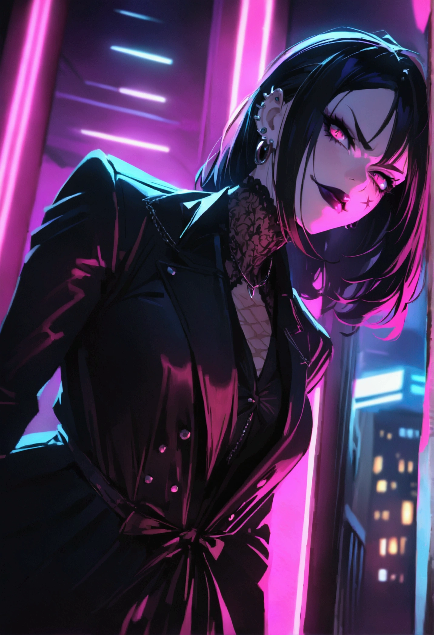(anime women), demon women, (demon eyes) building corridor, cinematic lighting (best quality:1.2)detailed, neon lights, vivid colors,bokeh, angry looking face with smirk on mouth, piercing, ((piercing)), gaze, 4k, particles in the air, powers, amazing art work full of details, dynamic movement, (dark lips), scars, mercenary
