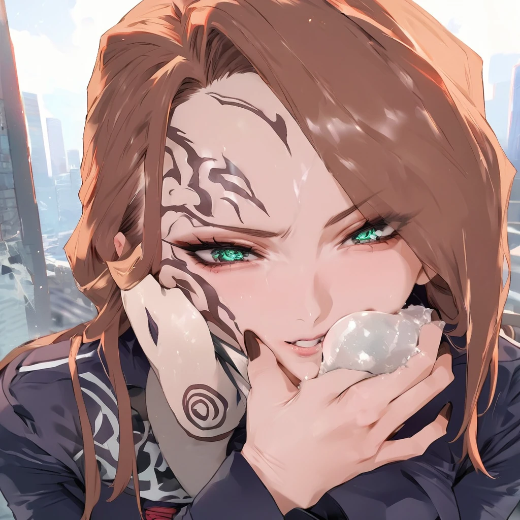 ultra detallado, high resolution, vista desde abajo , looking down jujutsu kaisen style 18 year old girl , hermosa , medium long brown hair , ojos gris oscuro , con uniforme de jujutsu Tech , tatuajes , sonrisa malvada