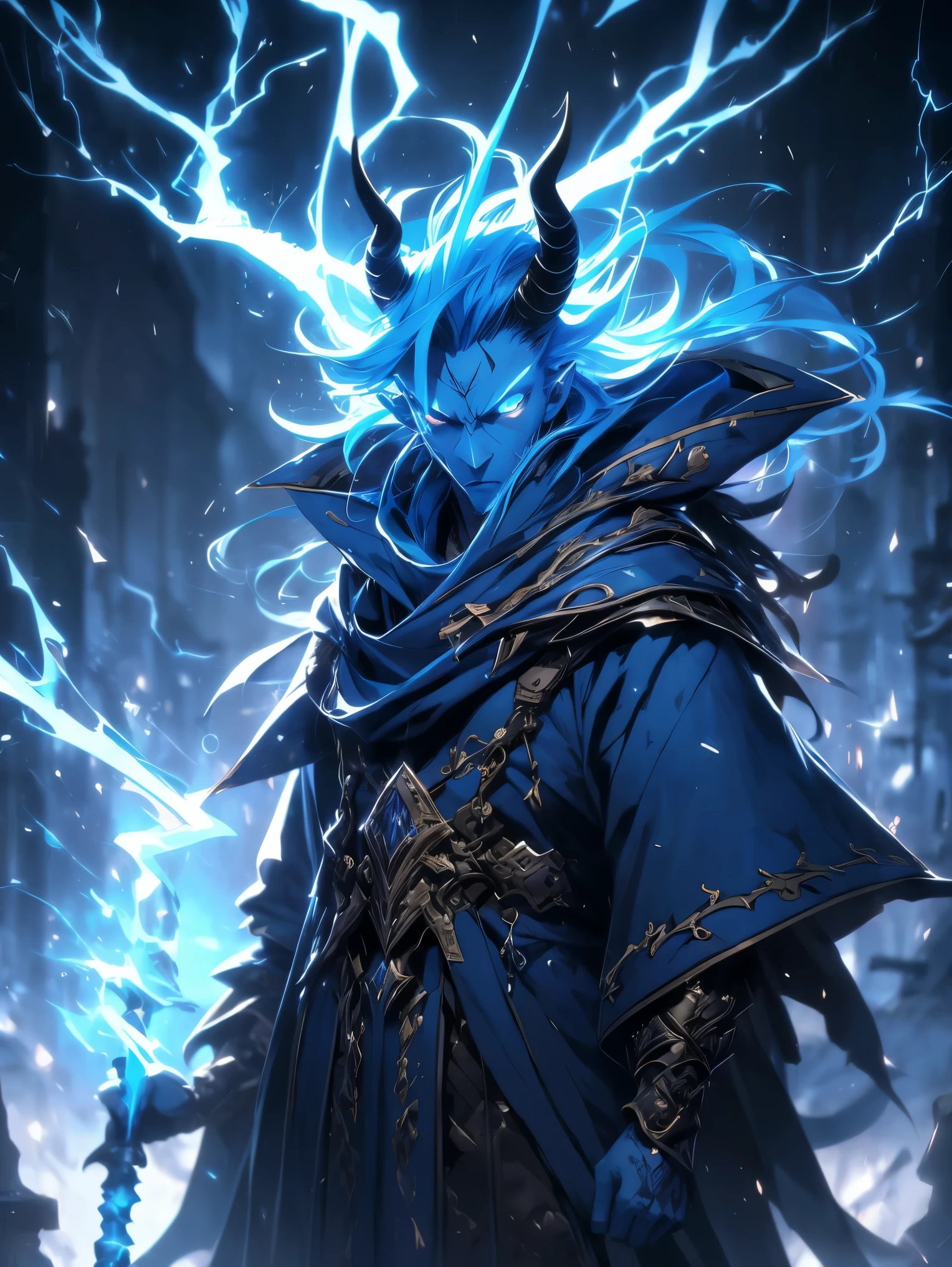 1 male demon with blue skin with very thin horns starting from the forehead, ((hair looking like lightning)) ((with baggy clothes style oriental rpg world)) (perfect human eyes) work of art, best qualityer, (full viwer).