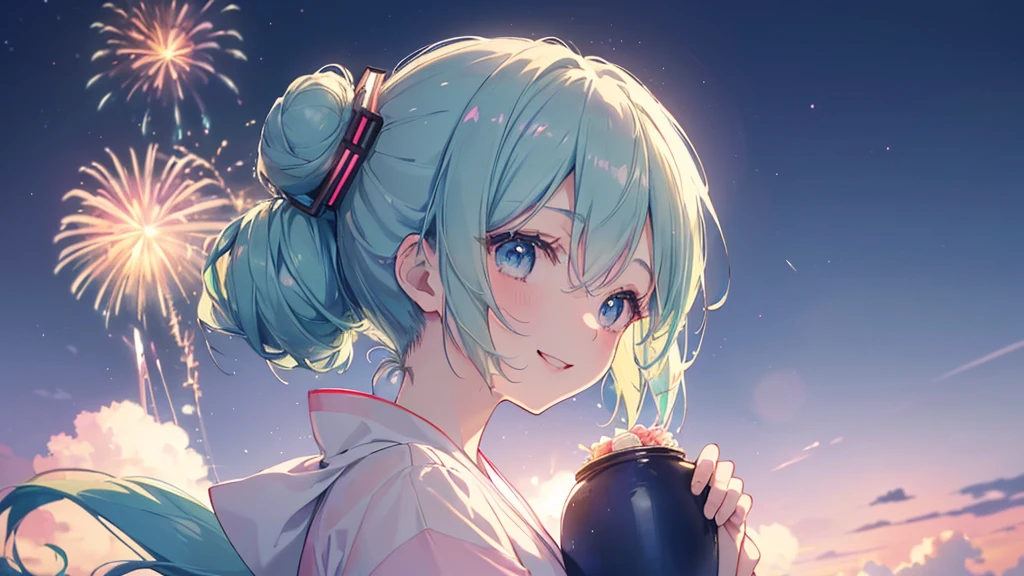 (((Highest quality、masterpiece、Ultra-fine、Ultra-fine、Bun Hair Up,Green Hair,Exquisite、16K、Look up,The best smile,Full HD、profile,,Asahi、,Hatsune Miku,))),( ((profile,,summer,White casual clothes,)))Blue Eyes、Long eyelashes、White skin、(Pale pink lips、Pale pink cheeks、thin and long)、 (((cute,The best smile)), ((One person)) 、(blue sky)) 、 (The sound of the festival, walking in a yukata at dusk, the moment when fireworks bloom in the night sky)、