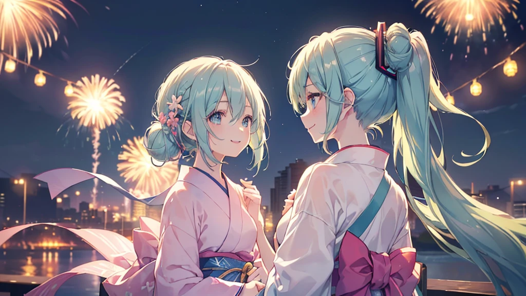 (((Highest quality、masterpiece、Ultra-fine、Ultra-fine、Bun Hair Up,Green Hair,Exquisite、16K、Look up,The best smile,Full HD、profile,,Asahi、,Hatsune Miku,))),( ((profile,,summer,White casual clothes,)))Blue Eyes、Long eyelashes、White skin、(Pale pink lips、Pale pink cheeks、thin and long)、 (((cute,The best smile)), ((One person)) 、(blue sky)) 、 (The sound of the festival, walking in a yukata at dusk, the moment when fireworks bloom in the night sky)、