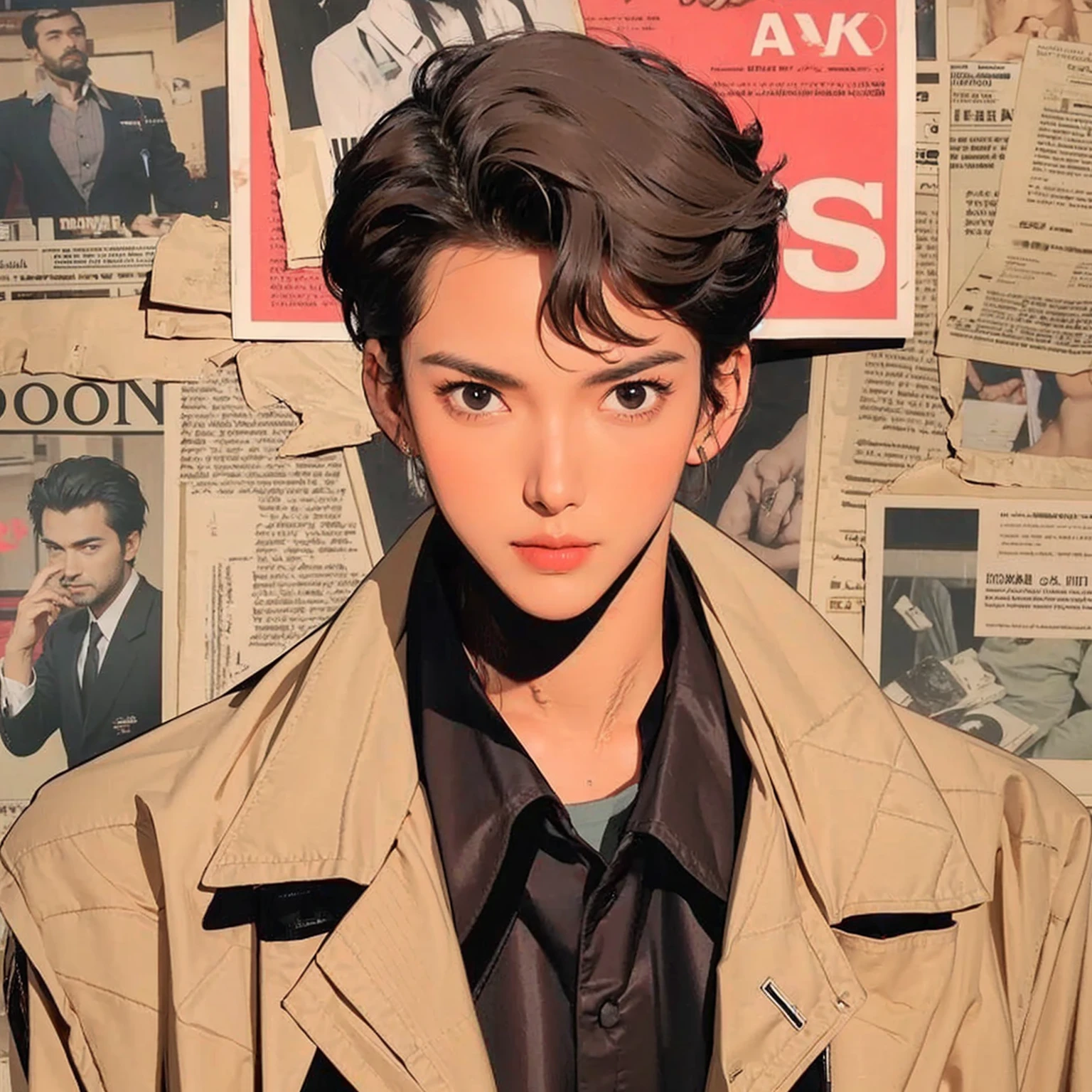Handsome boy, black hair, brown eyes, wearing dirty white detective suit, black polo