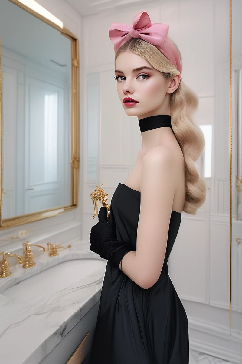 Portrait-style image featuring a young woman with long, straight blonde hair, styled with a black bow. She has fair skin and is wearing a strapless black dress paired with long black gloves. Her makeup is subtle, with a focus on her pink lips. She is standing in front of a luxurious bathroom mirror, touching her lips with her gloved hand. The bathroom has an elegant design with white and gold accents, including gold fixtures and a swan-shaped faucet. There are neatly folded white towels and a black bag on the marble countertop. The lighting is warm, enhancing the opulent atmosphere.