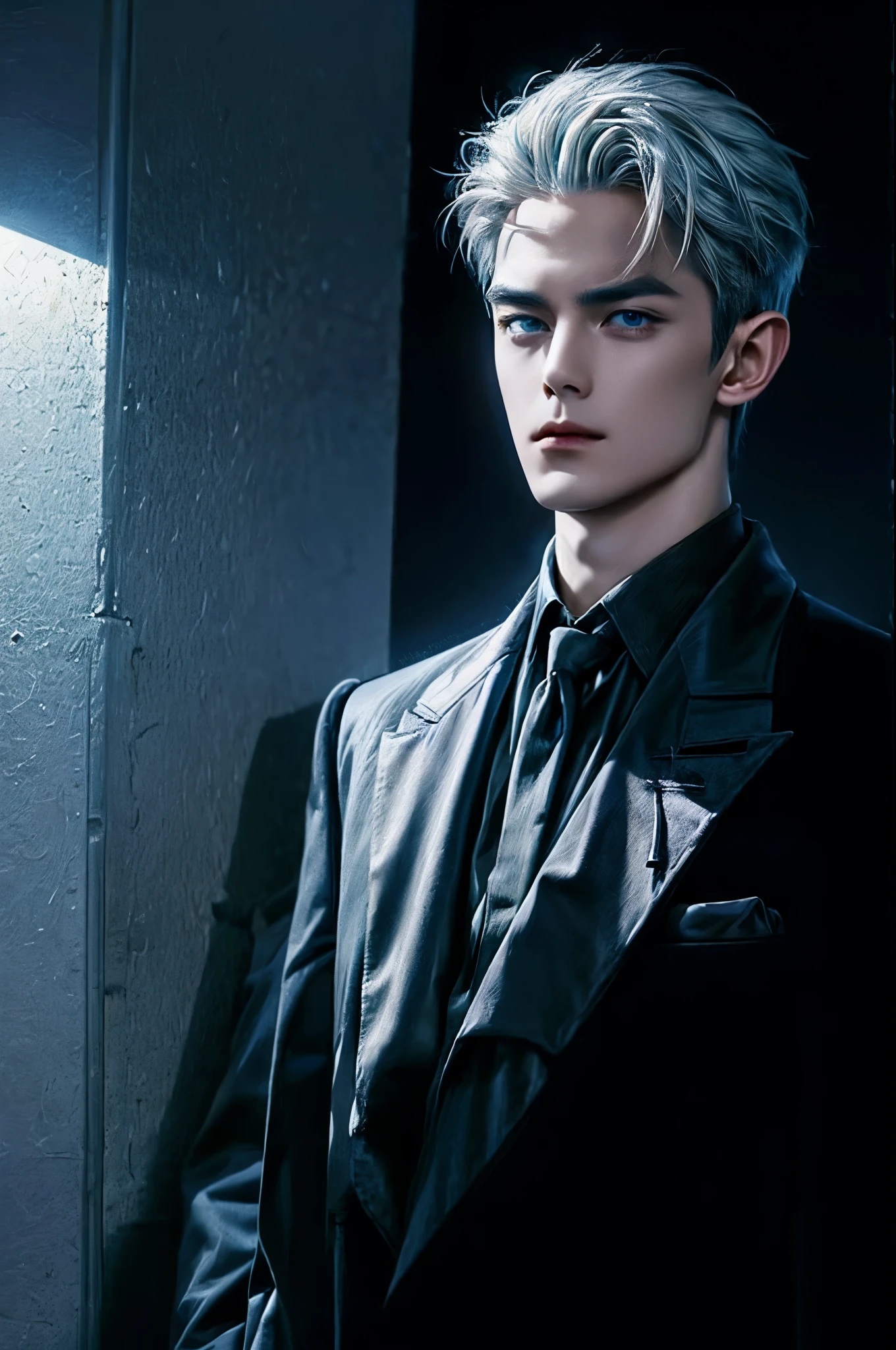 Handsome boy, blue eyes, white hair, expressionless, wearing black formal suit, CEO office background
