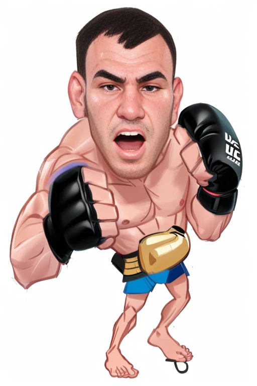 8k, work of art, better quality, cartoon of a man with a boxing glove and a punching bag, mma southpaw stance, cartoon artstyle, fight pose, inspired by Daryush Shokof, mma, ruxing gao, in a fighting pose, cartoon digital painting, joe rogan, ufc, fighting pose, in a fighting stance, cartoon digital art, fighter pose, khabib, caricature illustration