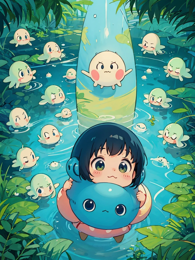 hayao miyazaki style, Kawaii Design, (((Cute Aliens))), (((hide and seek))), No people