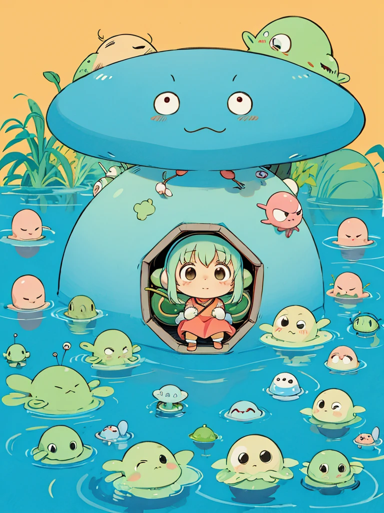 hayao miyazaki style, Kawaii Design, (((Cute Aliens))), (((hide and seek))), No people