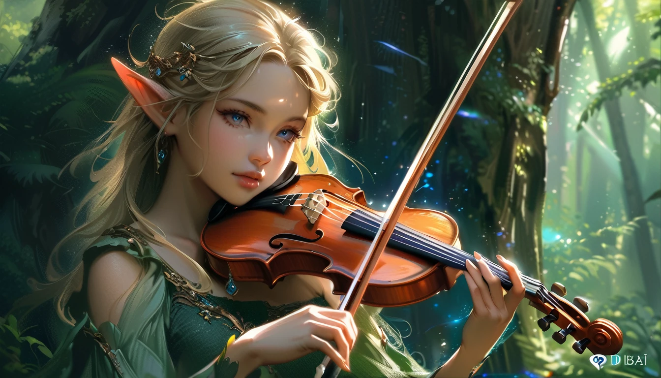 blond girl with elf ears playing violin in forest, fantasy violin, (fantasy violin), beautiful digital artwork, beautiful fantasy art, 4k highly detailed digital art, beautiful fantasy art portrait, detailed fantasy digital art, very beautiful fantasy art, fantasy art style, fantasy digital art, 4k detailed digital art, very beautiful digital art, karol bak uhd