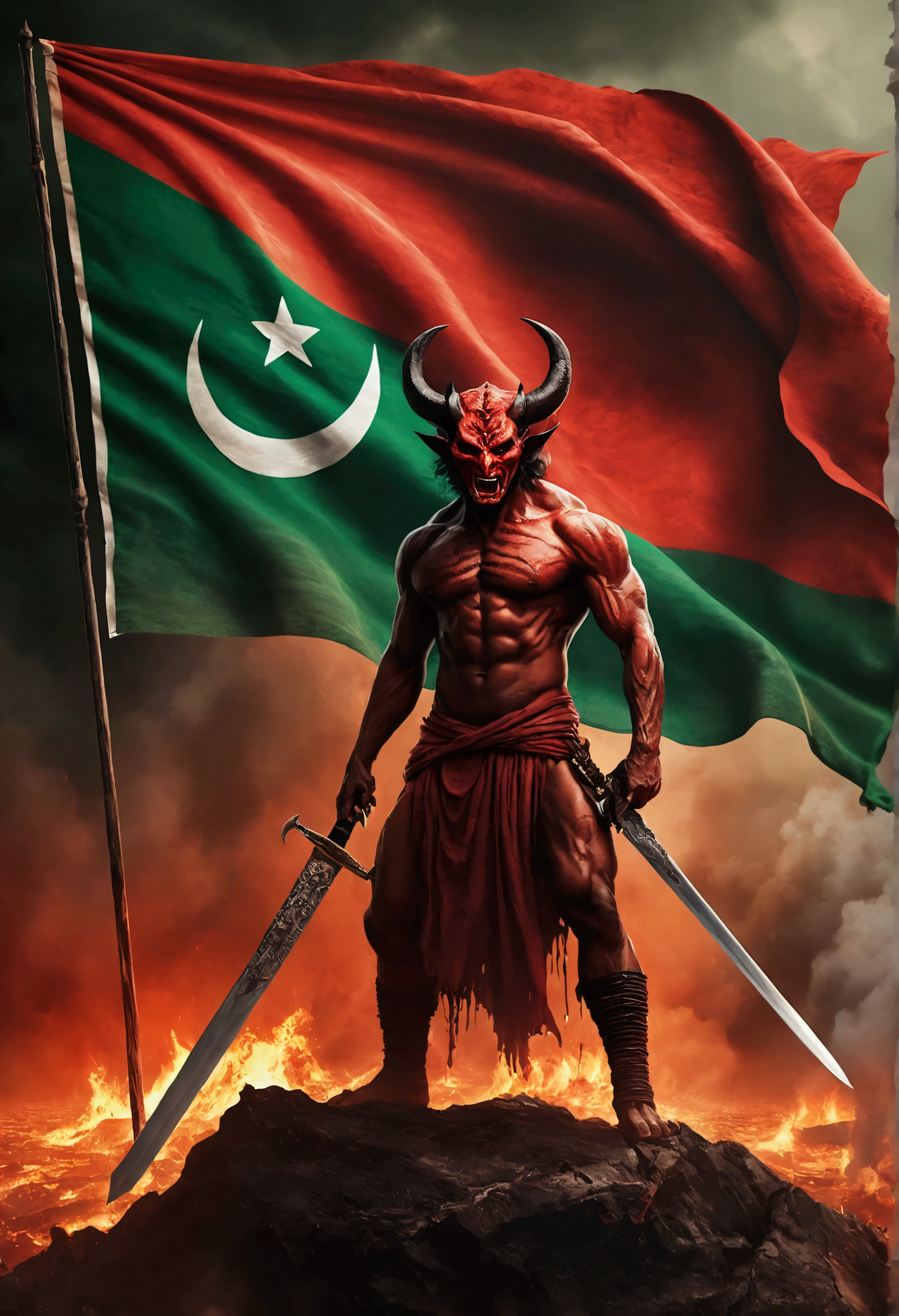 Demon from hell with massive sword trying to destroy Bangladesh national flag and hell scenario from dante