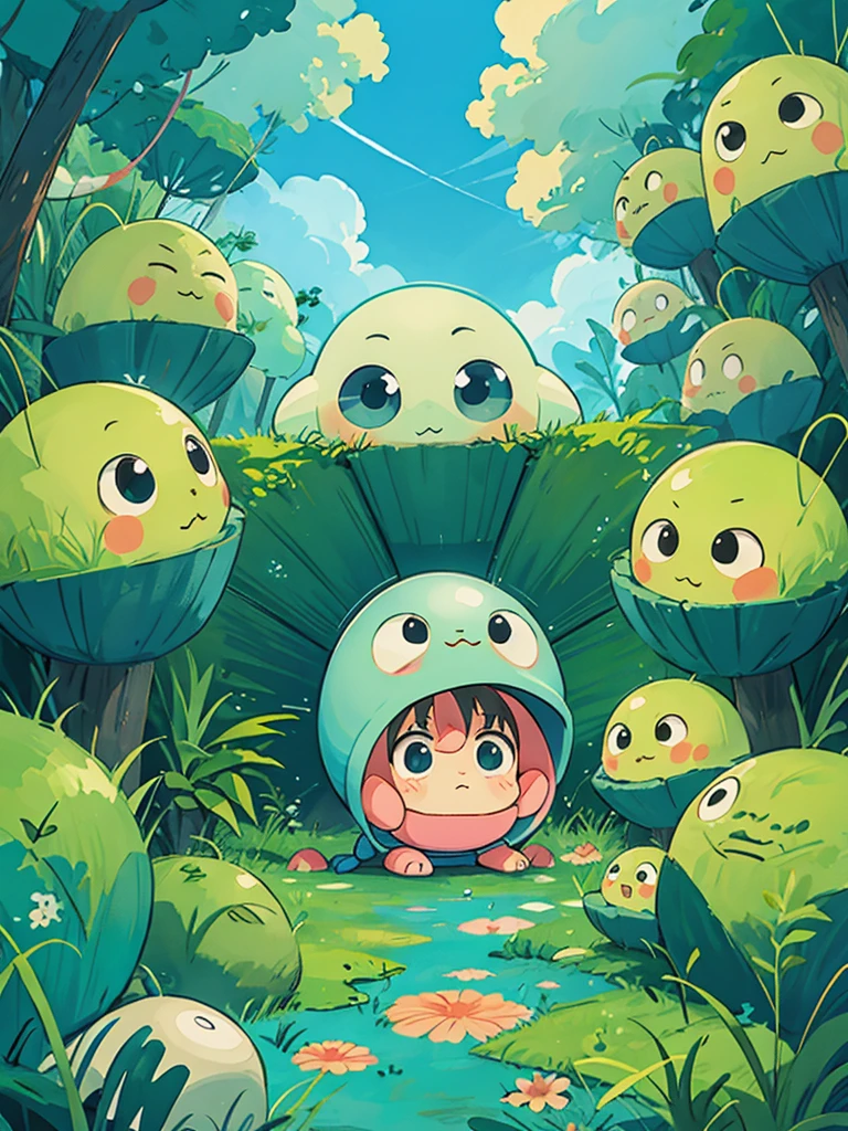 hayao miyazaki style, Kawaii Design, (((Cute Aliens))), (((hide and seek))), No people
