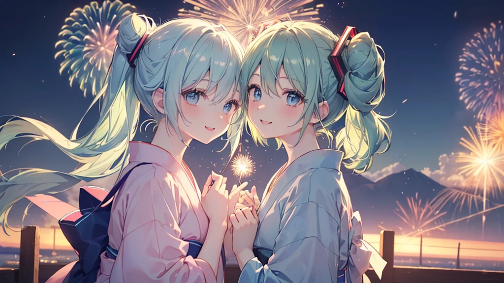 (((Highest quality、masterpiece、Ultra-fine、Ultra-fine、Bun Hair Up,Green Hair,Exquisite、16K、Look up,The best smile,Full HD、profile,,Asahi、,Hatsune Miku,))),( ((profile,,summer,White casual clothes,)))Blue Eyes、Long eyelashes、White skin、(Pale pink lips、Pale pink cheeks、thin and long)、 (((cute,The best smile)), ((One person)) 、(blue sky)) 、 (The sound of the festival, walking in a yukata at dusk, the moment when fireworks bloom in the night sky)、