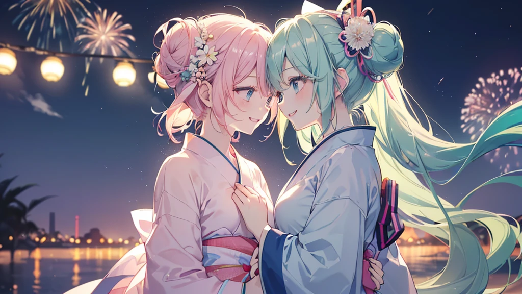(((Highest quality、masterpiece、Ultra-fine、Ultra-fine、Bun Hair Up,Green Hair,Exquisite、16K、Look up,The best smile,Full HD、profile,,Asahi、,Hatsune Miku,))),( ((profile,,summer,White casual clothes,)))Blue Eyes、Long eyelashes、White skin、(Pale pink lips、Pale pink cheeks、thin and long)、 (((cute,The best smile)), ((One person)) 、(blue sky)) 、 (The sound of the festival, walking in a yukata at dusk, the moment when fireworks bloom in the night sky)、