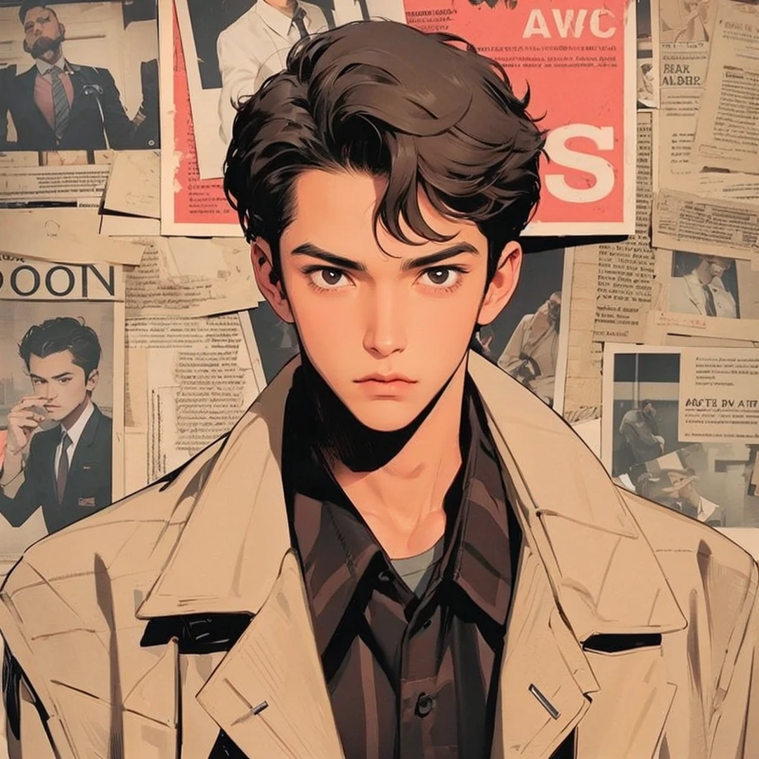 Handsome boy, black hair, brown eyes, wearing dirty white detective suit, black polo