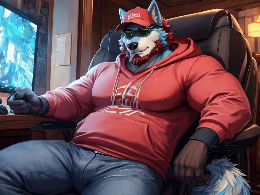 ((best quality)), ((masterpiece)), (Ultra detailed), ((4k)) ,  Solo , Anthro Wolf , Light Blue Fur , Red hair , Short Hair ,Stubble Beard , Handsone , Good Looking , Green Eyes, (Eyes Details), Middle Ages , Huge Pecs Size  , Muscular Fat Belly ,


Sweatshirt , Long Sleeve , Rolled Up Sleeves , Wearing Jeans, Black Gloves , Gaming , Cool pose , Sunglasses , Wear cap 