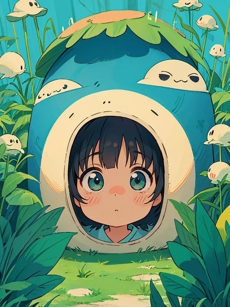 hayao miyazaki style, Kawaii Design, (((Cute Aliens))), (((hide and seek))), (((No people)))