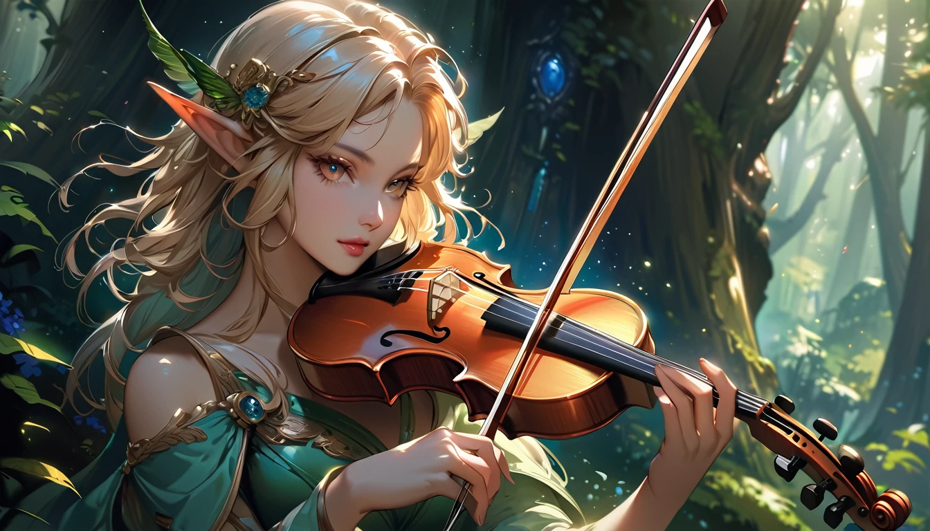 blond girl with elf ears playing violin in forest, fantasy violin, (fantasy violin), beautiful digital artwork, beautiful fantasy art, 4k highly detailed digital art, beautiful fantasy art portrait, detailed fantasy digital art, very beautiful fantasy art, fantasy art style, fantasy digital art, 4k detailed digital art, very beautiful digital art, karol bak uhd