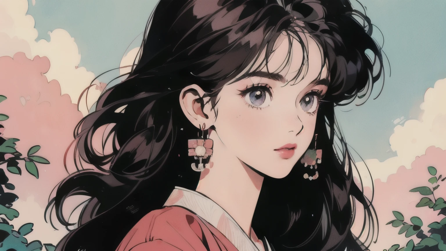 (masterpiece),(best quality:1.0), (super fast:1.0), detailed illustration, 8k, japanese cartoon movies, 1 woman, beautiful japanese cartoon movies girl, wearing a sari, Wearing a pink sari, pretty pose, pretty face, detailed face, beautiful eyes, dark red eyes, detailed eyes, red lips, red lipstick, Slightly brunette, Pink flowers in the ears, hair highlights, standing, red flowers on the tree in the back, open sky with clouds, detailed, convoluted, japanese cartoon movies style, highly detailed