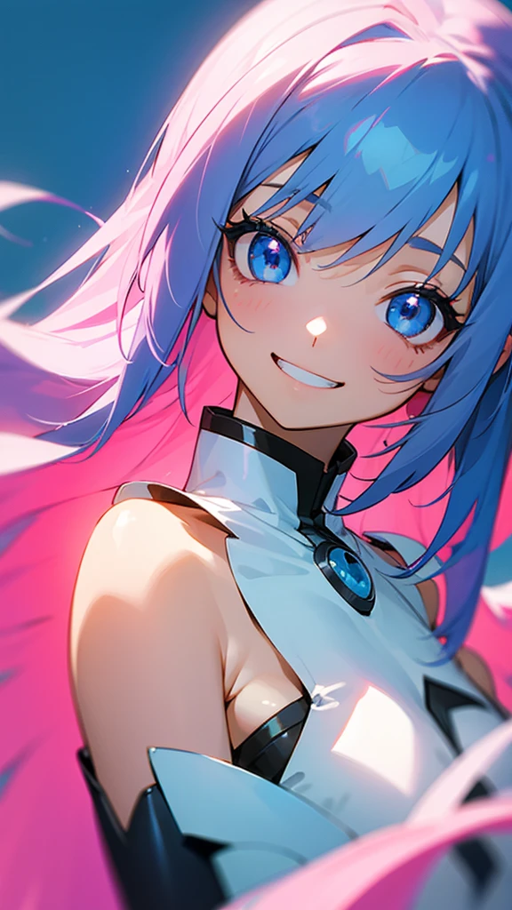 1 girl、Pink Hair、Beautiful Anime Girls、Small breasts、Long Hair、bangs、Blue Hair、Bright Blue Eyes、Upper body close-up、Grin