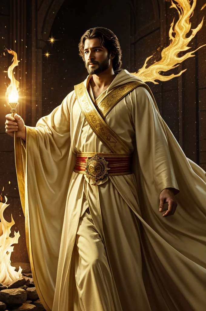 I saw seven golden lampstands, and among the lampstands was someone like a son of man, dressed in a robe reaching down to his feet and with a golden sash around his chest. The hair on his head was white like wool, as white as snow, and his eyes were like blazing fire. His feet were like bronze glowing in a furnace, and his voice was like the sound of rushing waters. In his right hand he held seven stars, and coming out of his mouth was a sharp, double-edged sword. His face was like the sun shining in all its brilliance