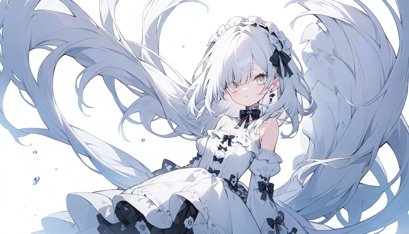 ultra-detalled,Cute ,　Long white hair,　Silver eye, 　Bare shoulder Lolita,White clothes, whole body