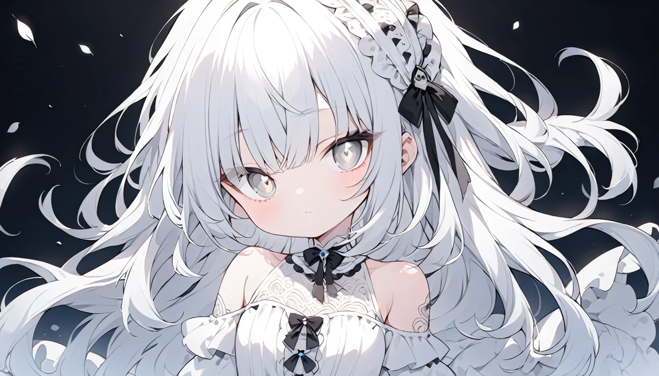 ultra-detalled,Cute , Long white hair, Silver eye, Bare shoulder ta,White clothes, whole body