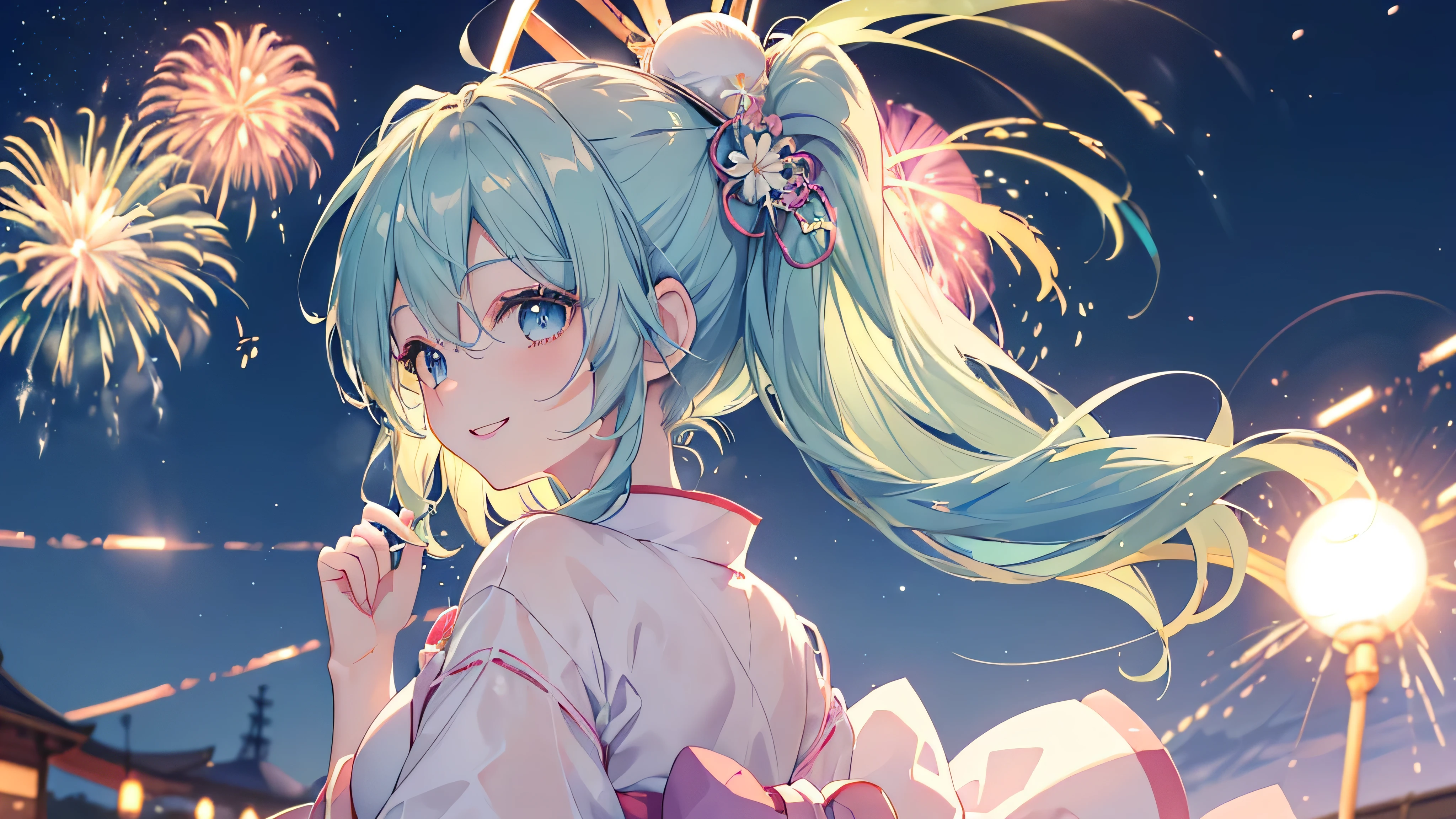 (((Highest quality、masterpiece、Ultra-fine、Ultra-fine、Bun Hair Up,Green Hair,Exquisite、16K、Look up,The best smile,Full HD、profile,,Asahi、,Hatsune Miku,))),( ((profile,,summer,White casual clothes,)))Blue Eyes、Long eyelashes、White skin、(Pale pink lips、Pale pink cheeks、thin and long)、 (((cute,The best smile)), ((One person)) 、(blue sky)) 、 (The sound of the festival, walking in a yukata at dusk, the moment when fireworks bloom in the night sky)、