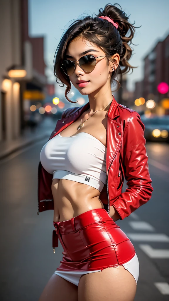 ((1girl)), masterpiece, hyper realistic, age asian girl, delicate face, beautiful face, perfect body, slender, ((leaning against the side of a building)), ((hair in ponytail)), (((wearing tighnslucent tube top with red leather mini crop jacket))), ((midriff exposed)), (short torn denim skirt with lacy black panty hose), suses on head, smiling, blowing bubble gum, (night cityscape)