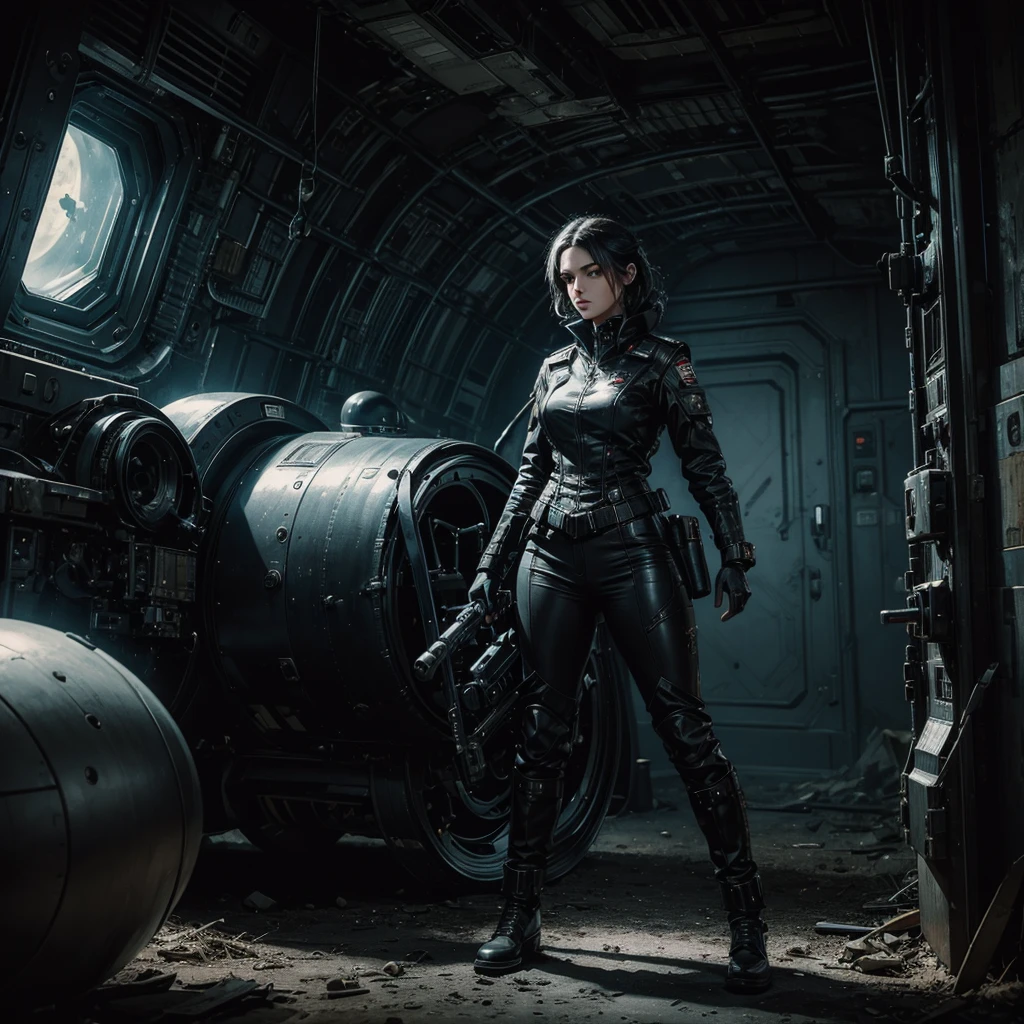 
a woman in a futuristic gothic military uniform searches an abandoned alien spaceship,hyper-realistic, cinematic, 8k, ultra-detailed, masterpiece 