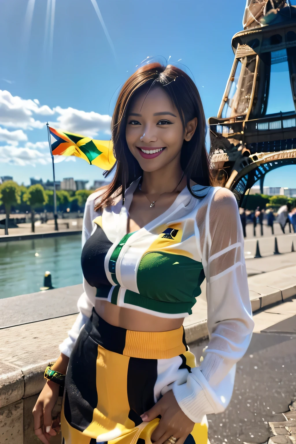 (((Jamaican flag-inspired outfit:1.3))),(),(((smile:1.3))),(((Women supporting the Paris Olympics:1.3))),(((International flags on the streets of Paris))),(((Eiffel Tower in the background))),(((The Seine in the background))),masterpiece,Highest quality,Ultra-high resolution output images,Write Boundary Depth,Intricate details,Add depth to your subject with contrast between light and shadow,Anatomically correct facial structure),(Picture Mode Ultra HD,)