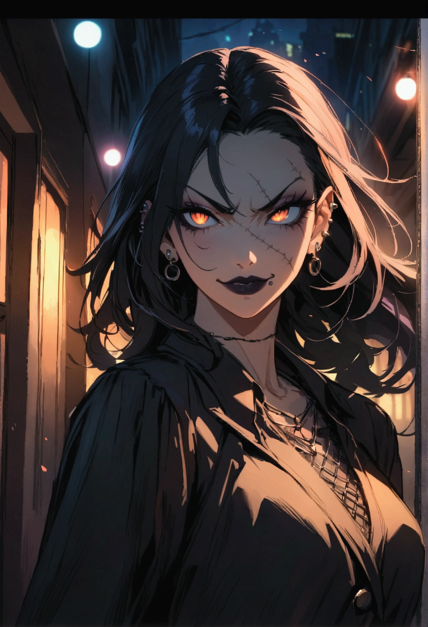 (anime women), demon women, (demon eyes) building corridor, cinematic lighting (best quality:1.2)detailed, lights, vivid colors,bokeh, angry looking face with smirk on mouth, piercing, ((piercing)), gaze, 4k, particles in the air, powers, amazing art work full of details, dynamic movement, (dark lips), scars, mercenary