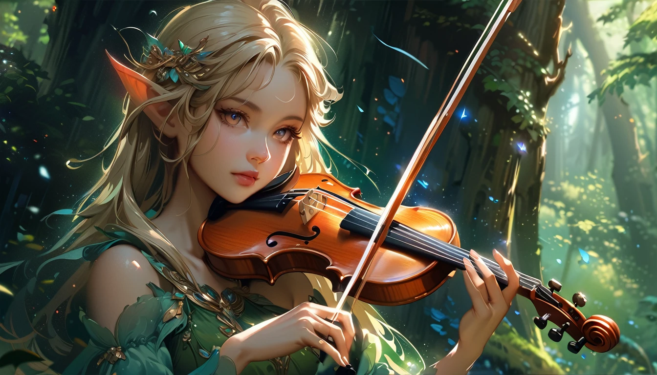 blond girl with elf ears playing violin in forest, fantasy violin, (fantasy violin), beautiful digital artwork, beautiful fantasy art, 4k highly detailed digital art, beautiful fantasy art portrait, detailed fantasy digital art, very beautiful fantasy art, fantasy art style, fantasy digital art, 4k detailed digital art, very beautiful digital art, karol bak uhd