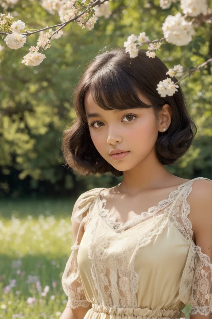 Black girl, Beauty, close up portrait kodachrome camera transparent, 1950s, Beautiful pose, Green field outdoor background, Under the old oak tree, Flower Meadow Ebony Playmate of the Month, (Peach and cream silk lace dress:1.2), Waist