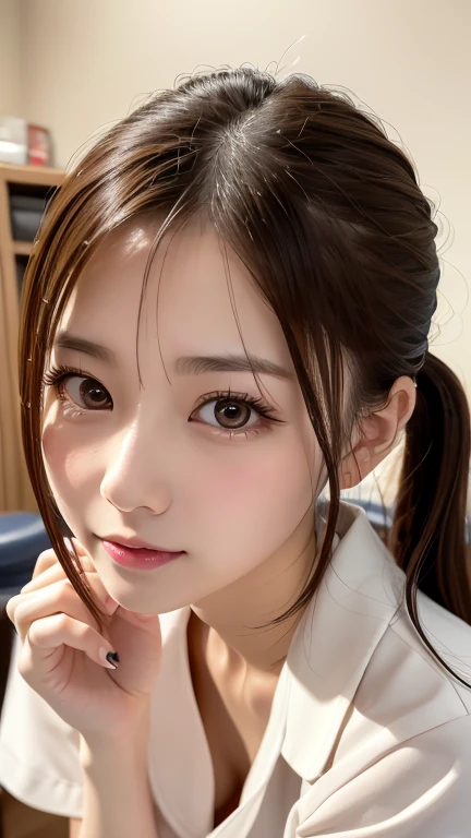 bright表情、Photorealism、Highest quality、Ultra-high resolution、picture、Photos of the most beautiful Scandinavian girls、A cute and beautiful face down to the last detail、Small Face、(Pure Eros Face_v1:0.008)、Beautiful Bangs、Alice in Wonderland、23 years old、Glowing White Skin、Hair tangled in the face、Bangs on the face、Bans、short twintails、forehead、bright, Extremely detailed eye resolution、Whole Body Ezbian、Pink nurse uniform、double eyelid、Small breasts、White pantyhose、Forward bending pose、cleavage 、Dentist's office、Dental hygienist、Small breasts、