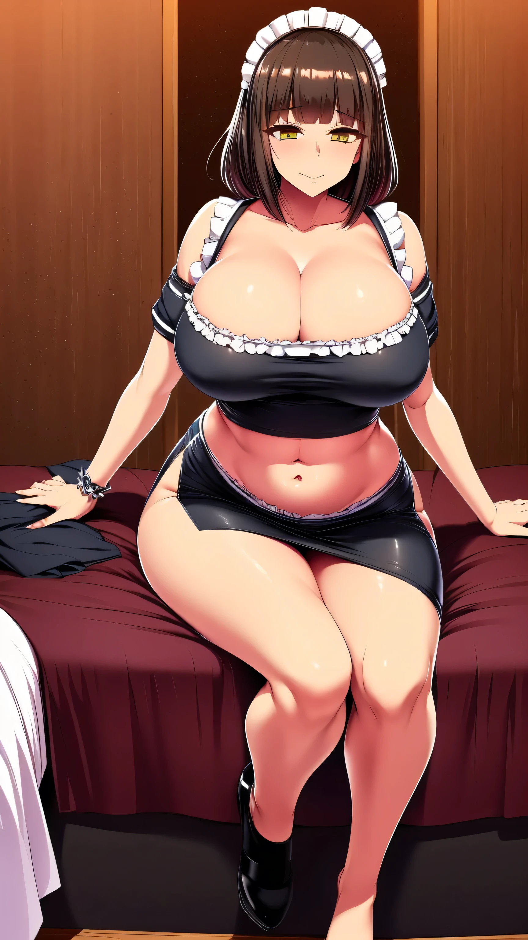 An older woman mature beautiful beautiful sexy cute attractive big dark brown hair messy cut her light yellow eye big eyelashes dressed black maid top shows her navel and dresses black maid skirt metallic sex love bed relationship love