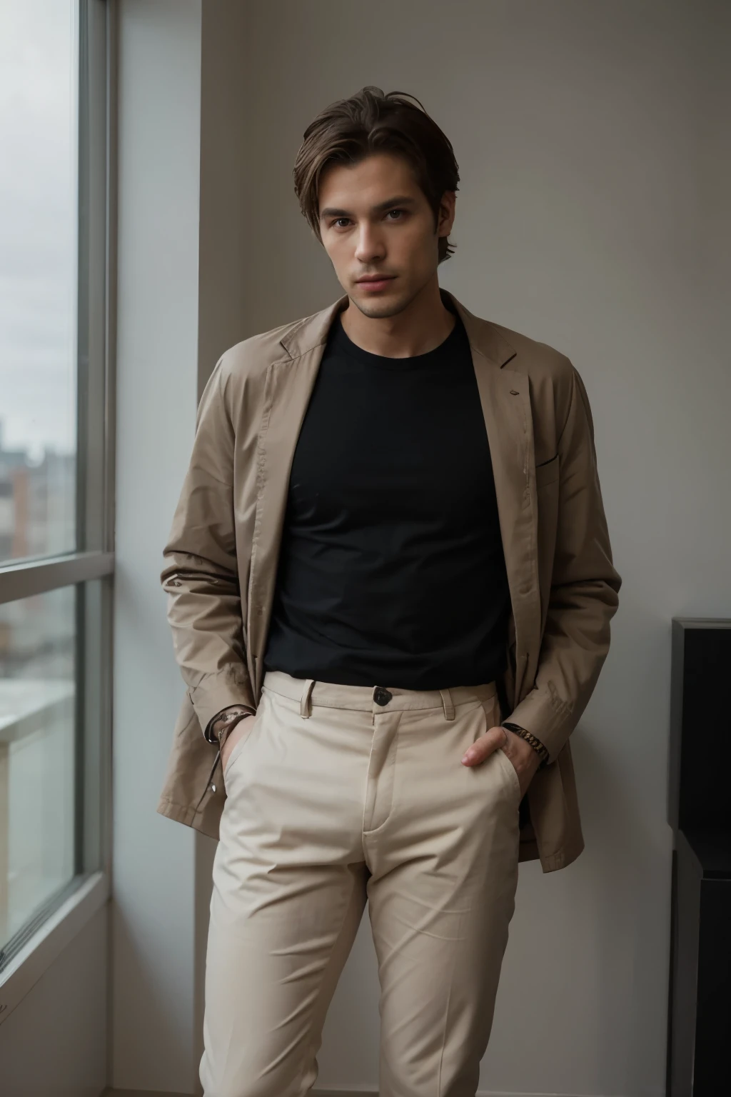 ((Best Quality)), ((masterpiece)), (detailed)), man with black jacket, black shirt and beige pants 
