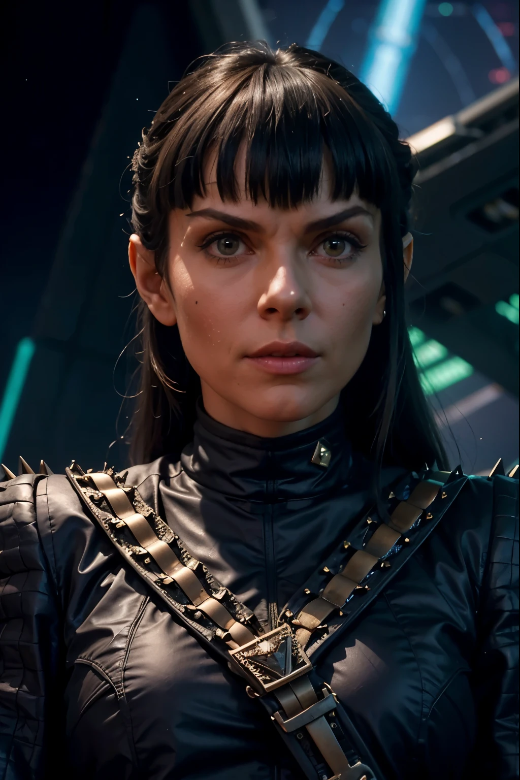 headshot of a romulan woman, triangle bangs, pointy ears, pointy eyebrows, padded armor, spikes, sci-fi starship background, 