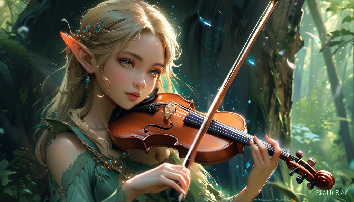 blond girl with elf ears playing violin in forest, fantasy violin, (fantasy violin), beautiful digital artwork, beautiful fantasy art, 4k highly detailed digital art, beautiful fantasy art portrait, detailed fantasy digital art, very beautiful fantasy art, fantasy art style, fantasy digital art, 4k detailed digital art, very beautiful digital art, karol bak uhd