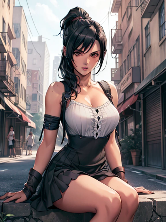 tifa lockhart, MKSKS style, (highly detailed background:1.0), (highly detailed background:1.0), Final Fantasy VII Remake, (red eyes), 1 girl, bare shoulders, aqua dress, black hair, green dress, No sleeve dress , sundress, Home, long hair, night, night null, open your mouth, outdoors, ponytail, sitting, null, No sleeve, No sleeve dress, star (null), starry null, town, old, small breasts, ((white ruffles)), (white dress),