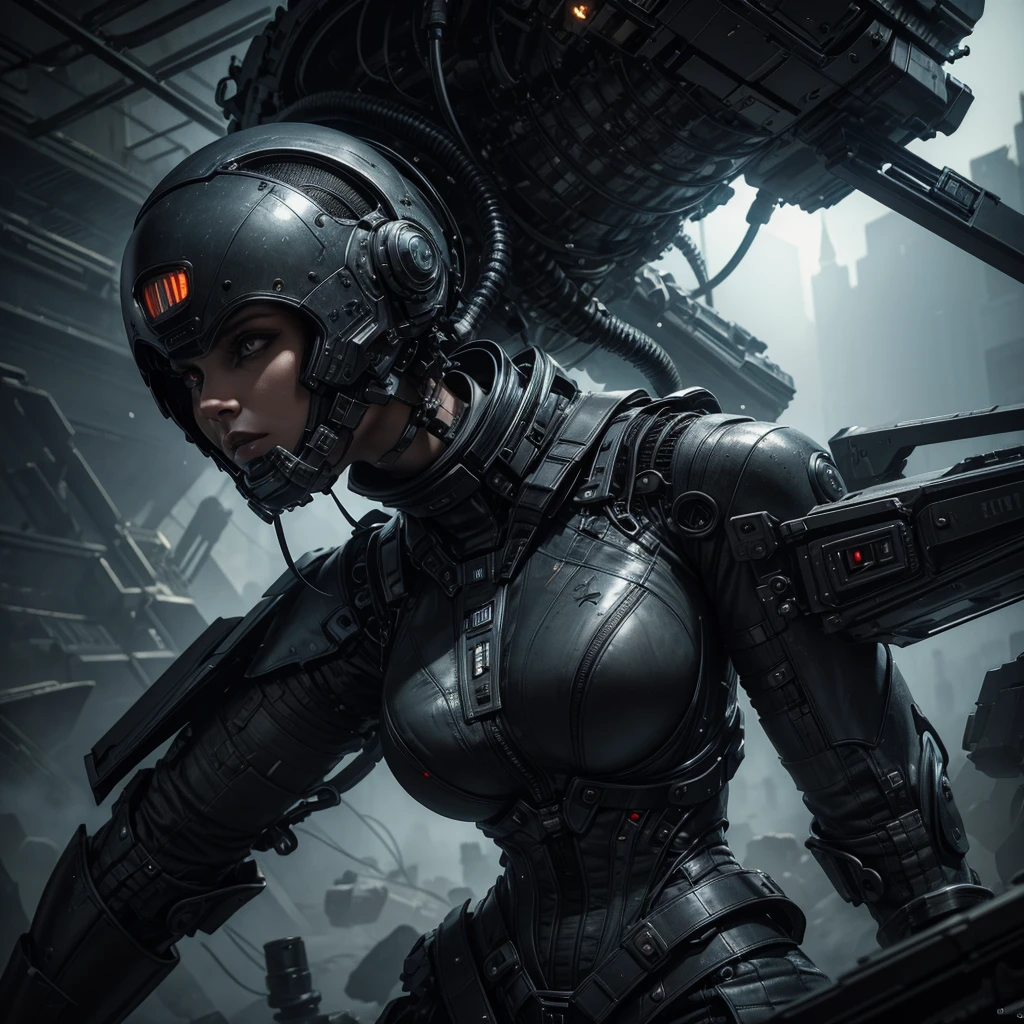 a woman in futuristic gothic military uniform, searching abandoned alien spaceship, hyper-realistic, cinematic, 8k, ultra-detailed, masterpiece, intricate details, sharp focus, physically-based rendering, dramatic lighting, moody atmosphere, advanced technology, dystopian sci-fi, chiaroscuro lighting, gritty textures, powerful presence, intense expression, dynamic pose, advanced weaponry, atmospheric environment, advanced machinery, sense of scale, high-tech interior