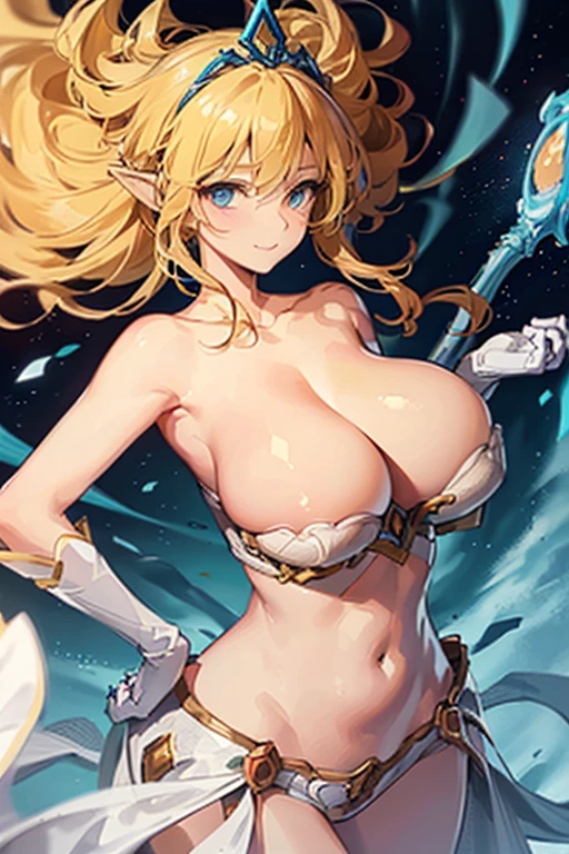 masterpiece, best quality, ultra-detailed, illustration, colorful, flat color, depth of field, lens flare, 1girl, janna \(league of legends\), long hair, blonde hair, blue eyes, anime, (closeup), (cowboy shot), (upper body), open shoulders, cleavage, looking at viewer, from front, detailed fabric texture, beautiful detailed face, smile, seductive, alluring attire, collarbone, ((gigantic breasts, saggy breasts, huge breasts, curvy, voluptuous, curvaceous)), (hands on hips), makeup, milf