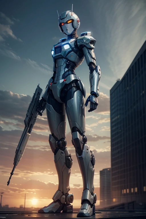 sky, clouds, tenure_weapon, No_humans, glow, robot, architecture, bright_eyes, mecha, Science fiction, city, reality, mecha, Whole body