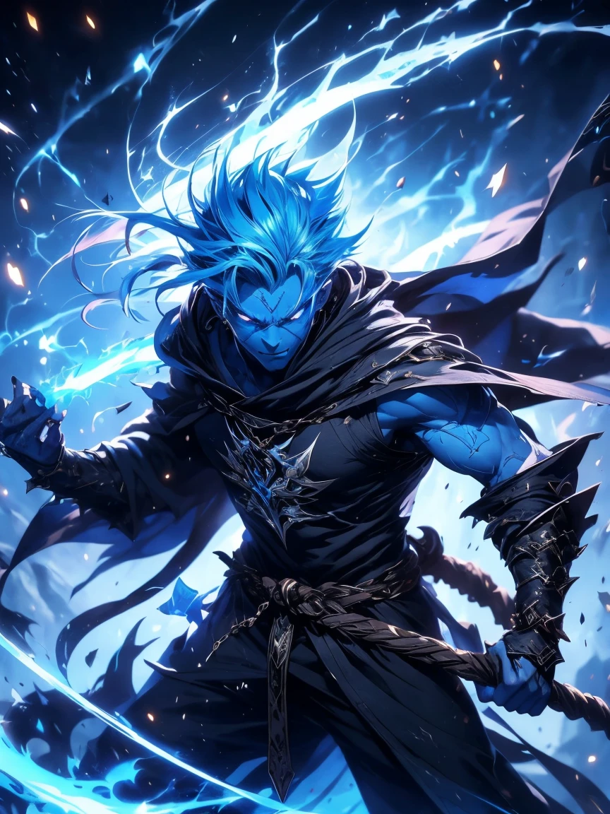 1 male demon with blue skin with very thin lightning horns starting from the forehead, ((hair looking like lightning)) ((with baggy clothes style oriental rpg world)) (perfect human eyes) work of art, best qualityer, (full viwer).