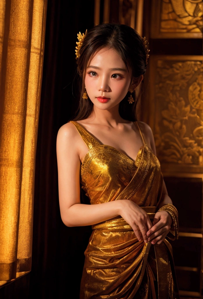 A woman in an opulent traditional Thai outfit, hands together, posing confidently in front of a majestic royal palace, with golden light illuminating her figure, enhancing the intricate details of her attire.